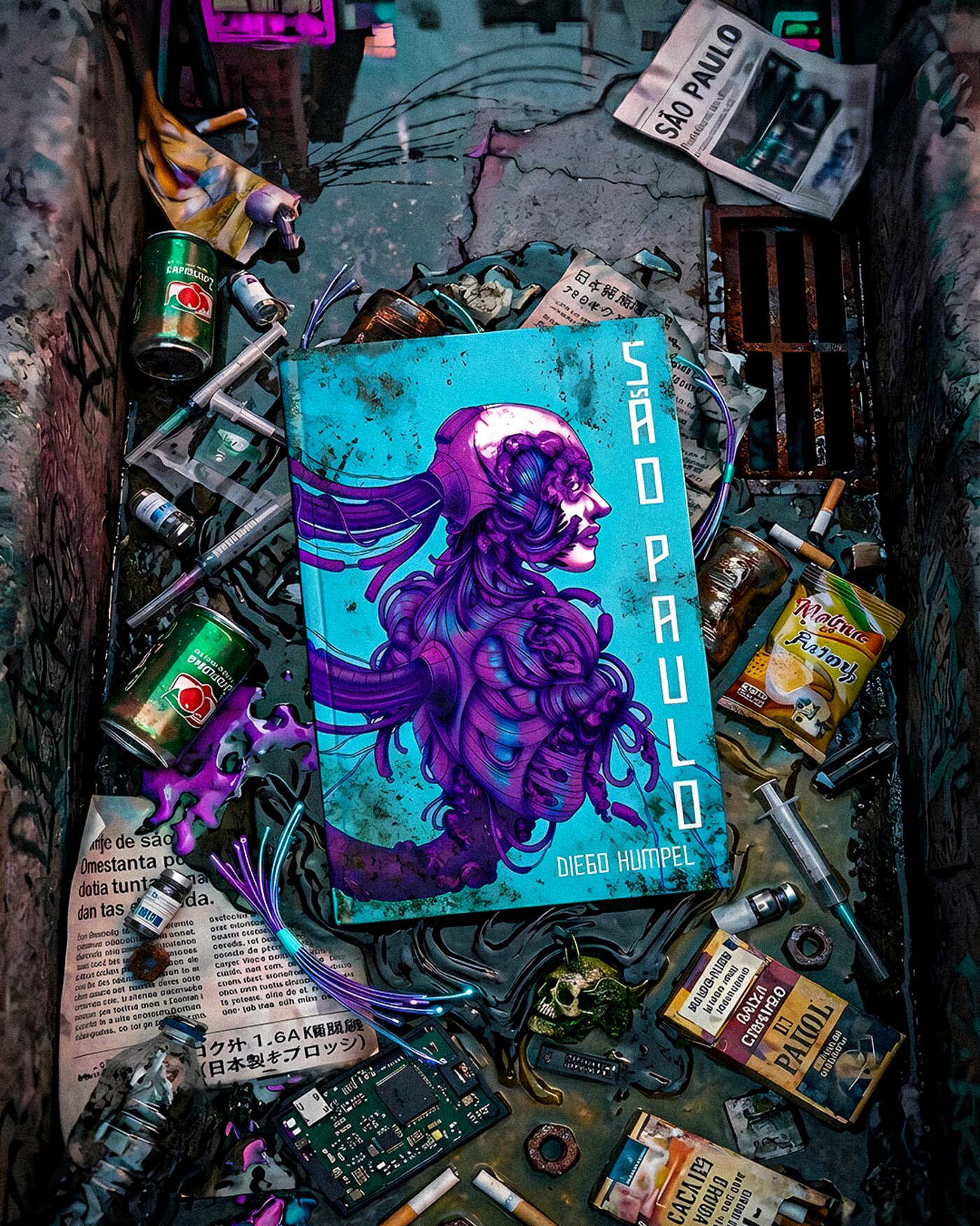 Livro São Paulo em cenário urbano com jornal, seringas e objetos espalhados