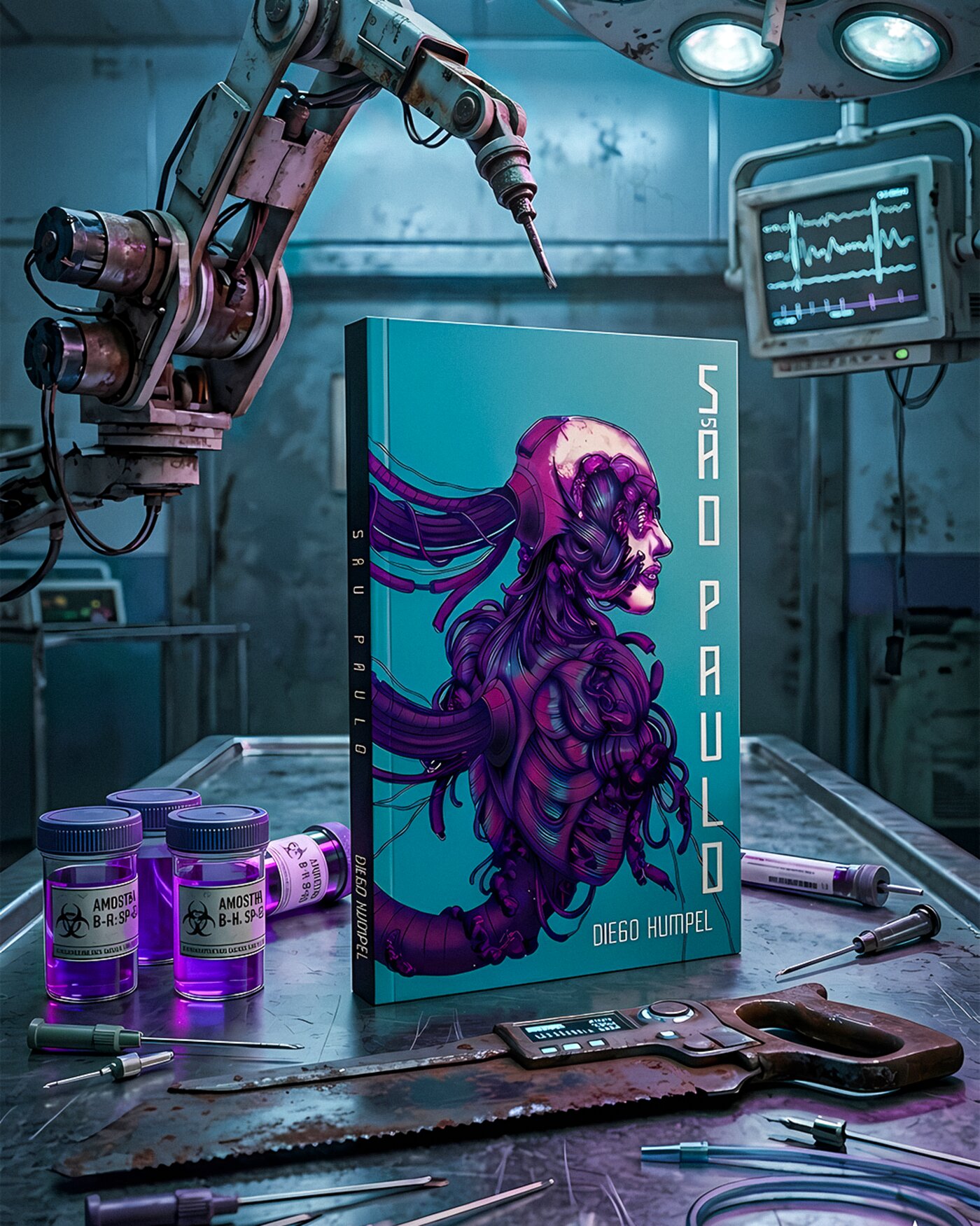 Livro São Paulo em cenário de laboratório clínico distópico