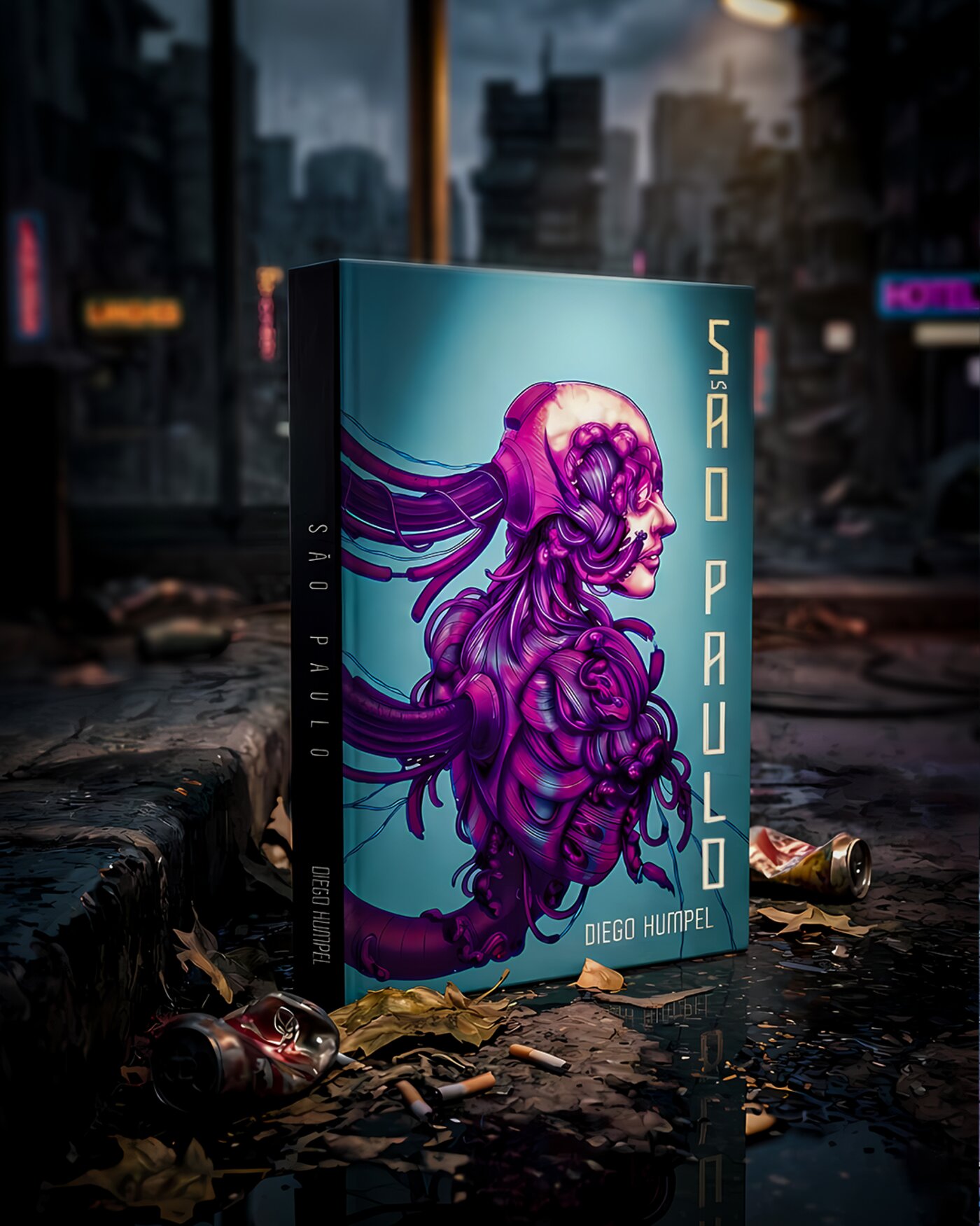 Capa do livro São Paulo, de Diego Humpel, em cenário de rua com luzes neon